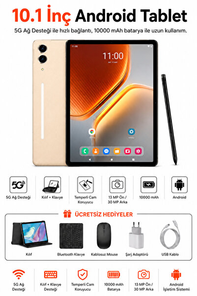 Ayers 10.1 İnç Android Tablet 6GB RAM 128GB Depolama 10000 mAh Batarya 5G Des...
