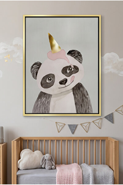 Jasmine Art Cute Panda with Gold Unicorn Kids Wall Art | Portrait Framed Canv...