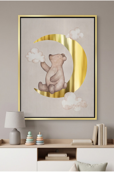Jasmine Art Teddy Bear Sitting on Gold Moon Kids Wall Art | Portrait Framed C...