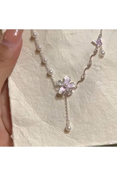 Dem Accessory pearl butterfly kolye- inci ve çiçek detaylı kolye