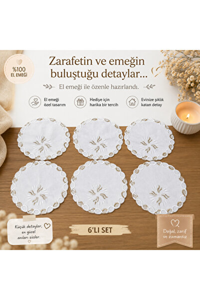 Hmnhome Kahve Yanı Peçete Papatya Desenli Nakışlı Doğal Keten Peçetelik 15x15...