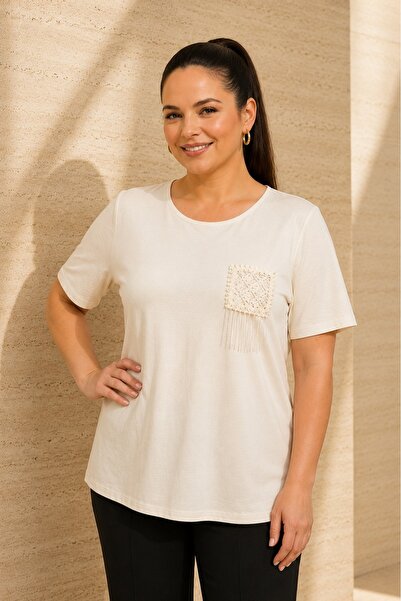 FOR ESRA BIG TREND Women's Plus Size Pocket Appliqué Stone and Tassel Detail ...