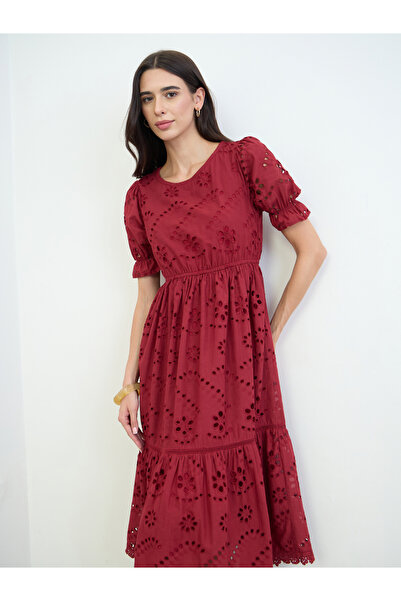 Styli Red Schiffli Puff Sleeve A-Line Midi Dress