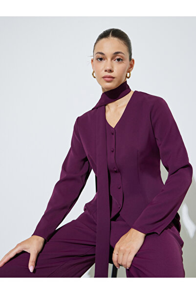 Styli Purple Long Sleeve Blouse with Scarf Detail