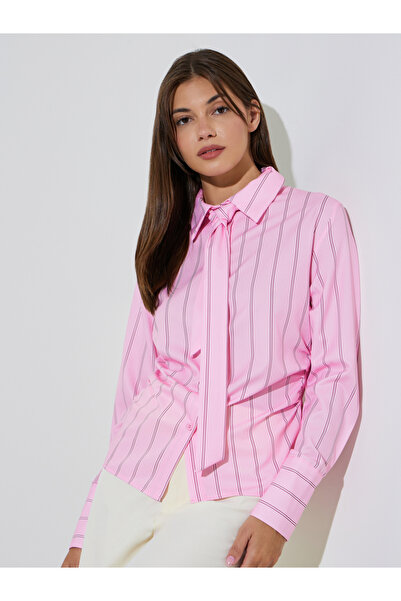 Styli Pink Striped Long Sleeve Shirt with Tie-Neck
