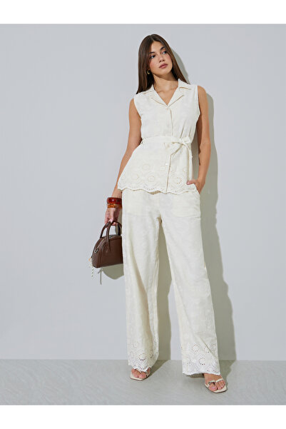 Styli Off White Schiffli Pants with Side Pocket