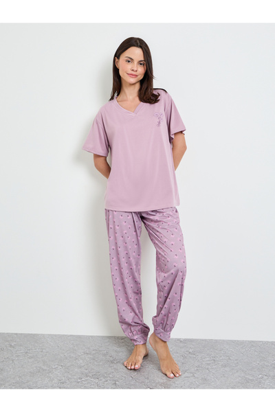 Styli Purple V Neck Drop Shoulder T-Shirt and Cuffed Pyjama Set