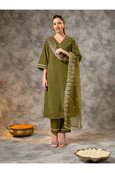 Silver Lime By Styli Green A-Line Yoke Embroidery Kurta, Pants and Dupatta Set