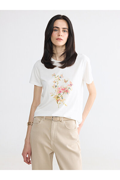 LC Waikiki White Crew Neck Floral Printed Women's T-Shirt