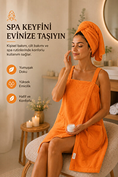 AXXO Turuncu Mikrofiber Spa Havlusu 400 GSM Çift Cepli Spa Banyo Havlusu (Wef...
