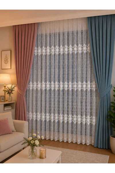MİR Tulle Curtain, Embroidered Tulle, 1/3 Dense Pleated, Heavy, Decorative Pa...