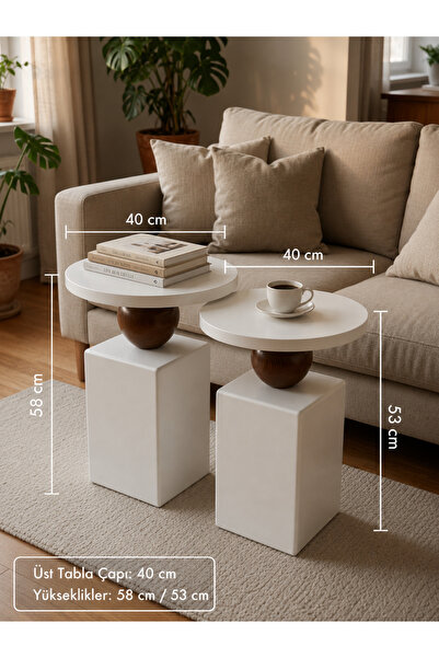 Modern Zigon Sehpa 2’li Set – Beyaz Lake Gövde, Ahşap Küre Detaylı, 40 cm Çap, 58/53 cm Yan Sehpa