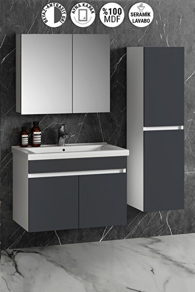 ÖZCEDEN Çiğdem 80+35 cm Beyaz-Antrasit Gri Mat MDF Seramik Lavabolu Asma Bany...