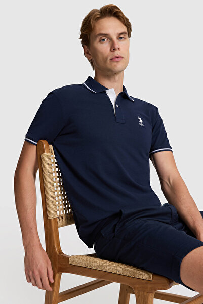 U.S. Polo Assn. تي شيرت رجالي أساسي ذو ياقة بولو وقصة ضيقة باللون الأزرق الدا...