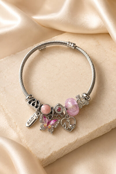 PABALAS Women's Silver Color Steel Charm Bracelet Butterfly Heart Car Pink Be...