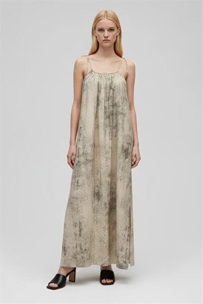 Perspective Beige Patterned Halter Neck Long Dress