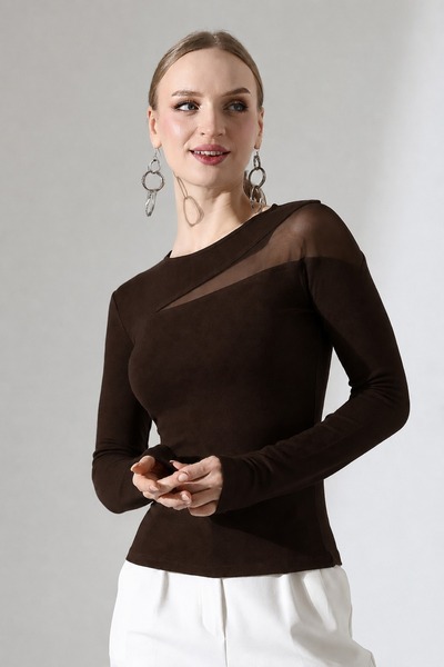 DİVİSTA Bluză elegantă cu mânecă lungă și detalii din tul pentru femei, cu po...