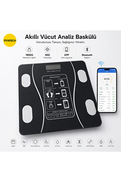 PİYATECH Akıllı Bluetooth Vücut Analiz Baskülü – 180kg Hassas Dijital Tartı -...
