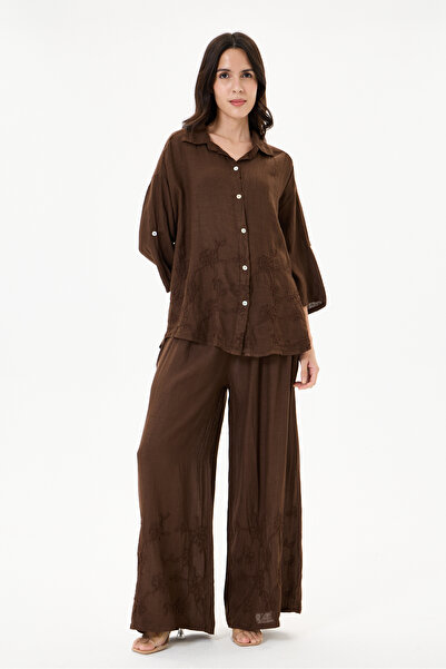 della moor Women's Brown Italian 100% Linen Floral Embroidered Trousers - Lin...