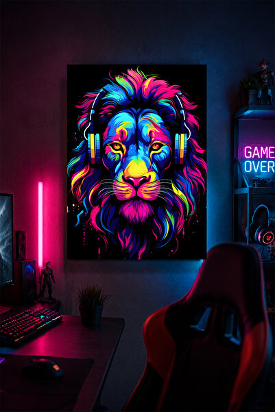 Lucena Pictură murală metalică Leu cu căști Decor colorat pentru camera de jo...