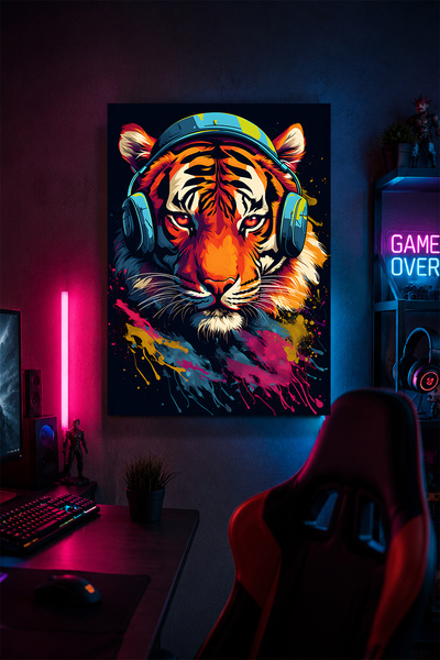 Lucena Tablou de perete din metal cu tigru cu căști de gaming, decor pentru c...