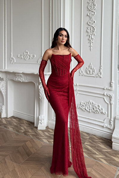Sindimoda Ece Güpür Detay Straplez Kol Eldiven Detay Abiye 405