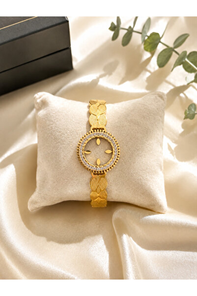 fao shop 7/24 Steel Cuff Women's Bracelet with Leaf Pattern, Gold Color, Non-...