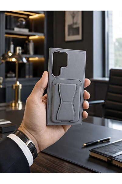 Case Samsung Galaxy S23 Ultra Uyumlu Gri Premium Deri Kartlıklı Telefon Kılıf...