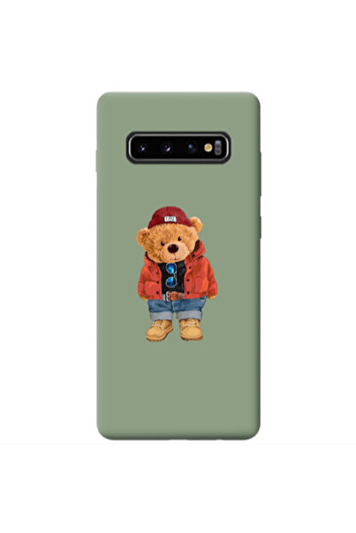 Other Samsung S10 Bear in a hat Light Green Colored Silicone TPU Θήκη