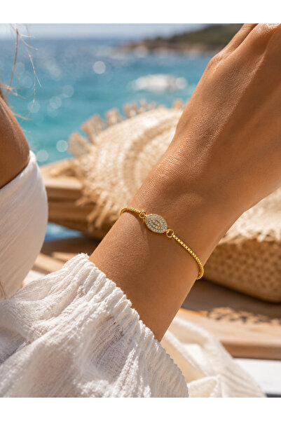 Adata Jewelry Oval Zirkon Taşlı Asansörlü Xuping Çelik Kadın Bileklik Gold Renk