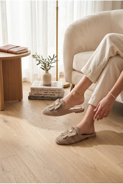 Moda fiesta Women's Lace Mesh Mule Slippers, Stylish and Comfortable Beige Sl...