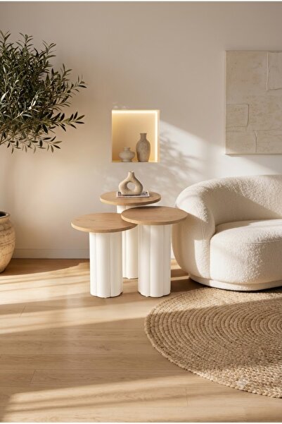 Lisso Home Atina 3'lü Aytaşı-Meşe Zigon Sehpa 44x48, H:52