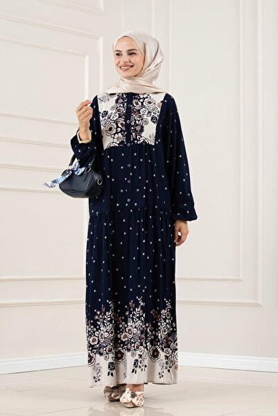 Sevitli Half Buttoned Robe Dress-Dark Blue