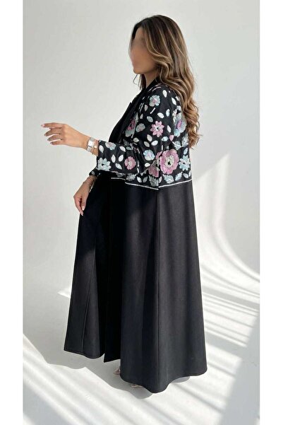 AYA MWT1357 عباية كتان اسود بتطريز ورد