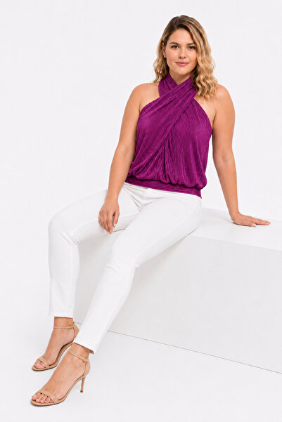 Şans Women's Plus Size Purple Draped Hanging Neck Tie-Neck Short Blouse 65N39577