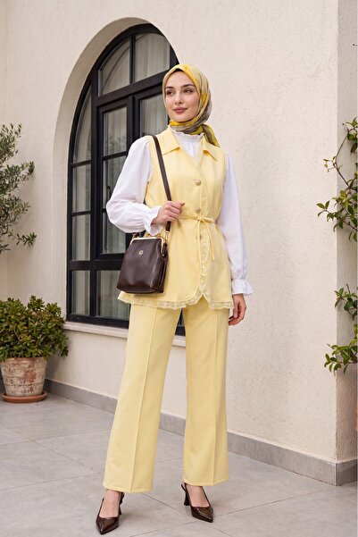 Modamorfo Lace Detailed Belted Vest and Trousers Double Crepe Set - Yellow