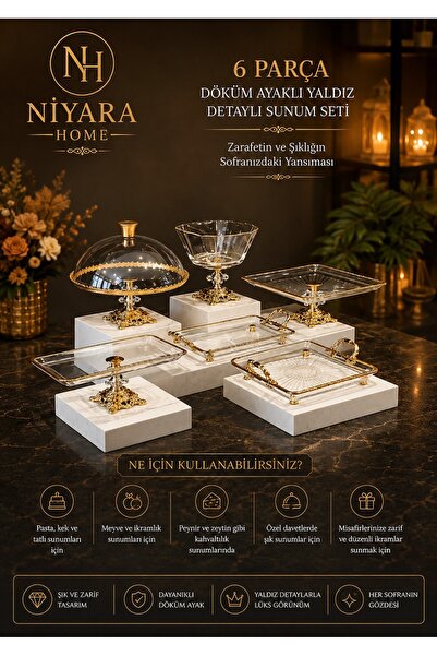 Niyara home طقم تقديم مكون من 6 قطع بتصميم مصبوب مع تفاصيل مذهبة من نيارا -هو...