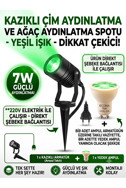 ECONA 220V YEŞİL Kazıklı Çim VE Ağaç Aydınlatma Spotu,Çim Spotu,Bahçe Lambası...