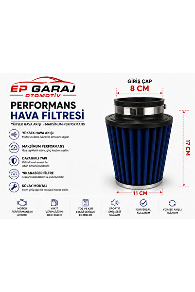 EP GARAJ OTOMOTİV فلتر هواء أزرق عالمي متعدد الاستخدامات بقطر مدخل 80 مم، فلت...