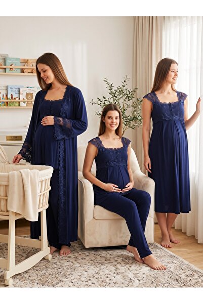 Lohussa New Season Navy Blue Special Lace Detailed Straps 100% Cotton Breastf...