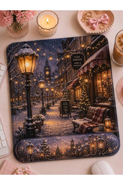 matizya Karlı Gece Sokak Manzaralı Bilek Destekli Mousepad – Kış ve Cozy Kafe...