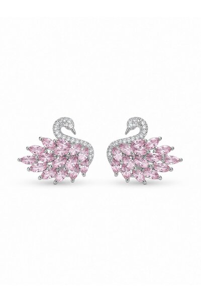 serelya Pink Zircon Stone Silver Swan Model Women's Earrings