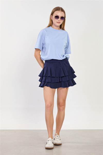 BARRELS AND OIL Women's Elastic Waist Ruffled Mini Skirt - Navy Blue