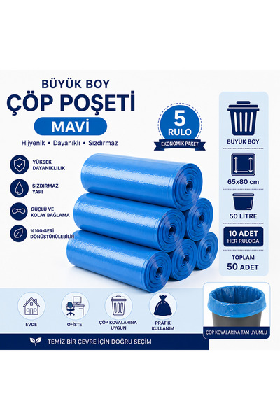 shop Büyük Boy Mavi Çöp Poşeti 65x80 cm 50 Litre 5 Rulo x 10 Adet (Toplam 50 ...