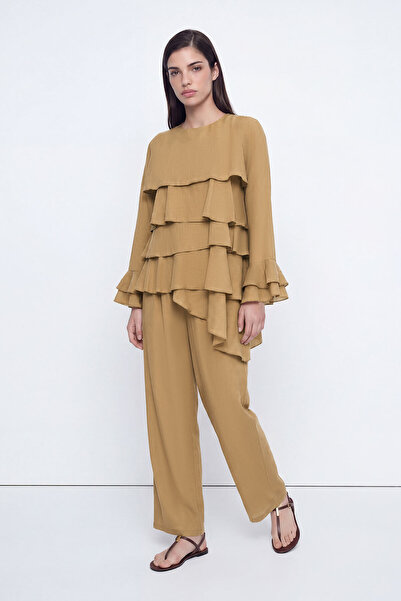 Hooopstore Set bluză și pantaloni Camel cu volane