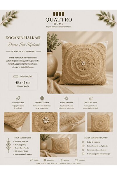 QUATTRO HOME Daire Jüt Saçaklı Kırlent Dekoratif Bohem Yastık Kılıfı