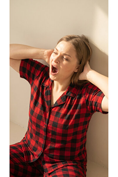 Arzey Red Plaid Patterned Bamboo Short Sleeve Plus Size Front Buttoned Pajama...