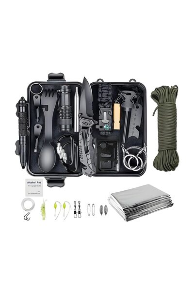 YBOSHOP Set supraviețuire 18 în 1, compact, negru, pentru camping, drumeții ș...