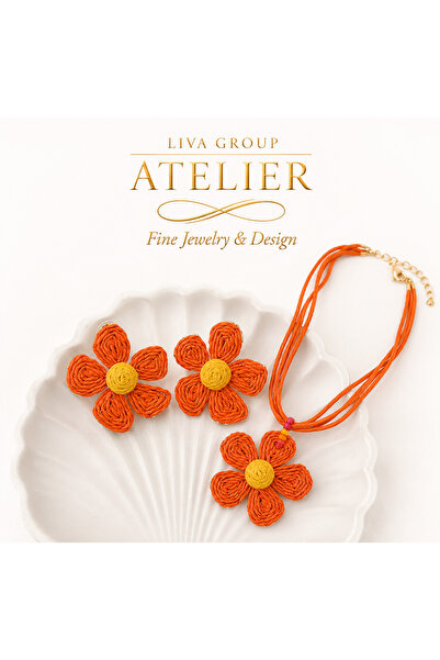 Liva Group Atelier Colorful Natural Wicker Textured Flower Model Earrings & N...