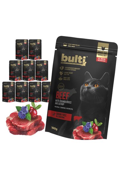 Bulti Hrană umedă pisici, Bulti, 10x100g, Vită, Merișoare, Cătușnică, Pisici ...